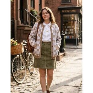 Vintage Nan Dorsey Geometric Check Knit Button Cardigan Sweater L Made in USA